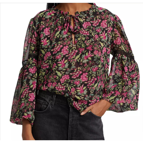 MISA Los Angeles Alicia Pink Floral Flare-Sleeve Floral Blouse Size S 4-8 - Picture 1 of 5